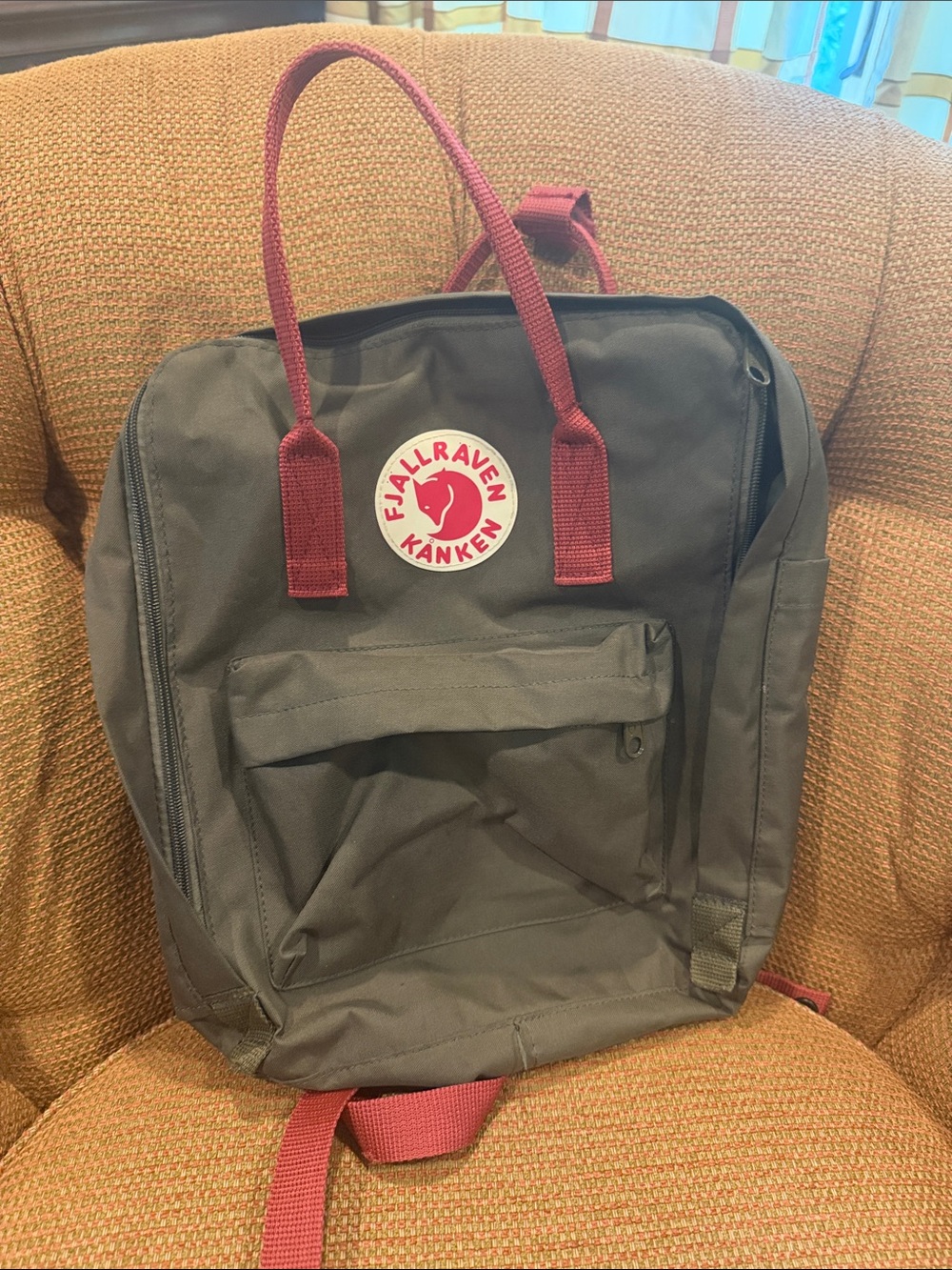 Fjallraven Kanken Backpack in Dark Green with Red Accents